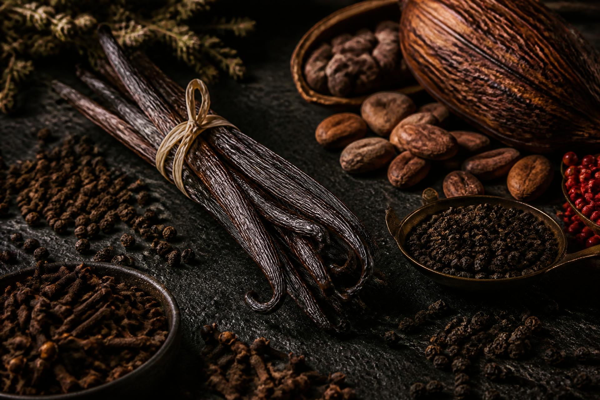 Ingrédients premium de Madagascar : vanille, cacao, poivre voatsiperifery, girofle, baies roses